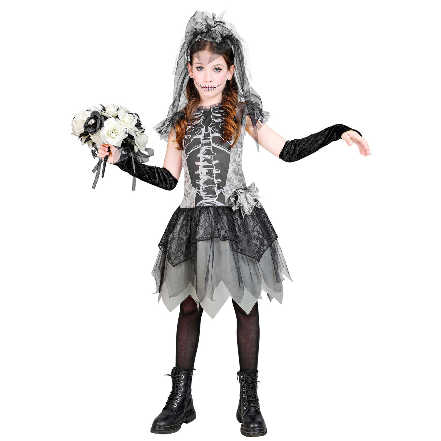 NEU Kinder-Kostm Skelettbraut, mit Kleid, Handschuhen, Brautschleier, Gr. 116 Bild 3