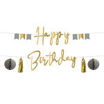 NEU Buchstabengirlande Happy Birthday Golden Dawn mit Quasten und Wabenbällen, 2 Ketten á 150cm, gold