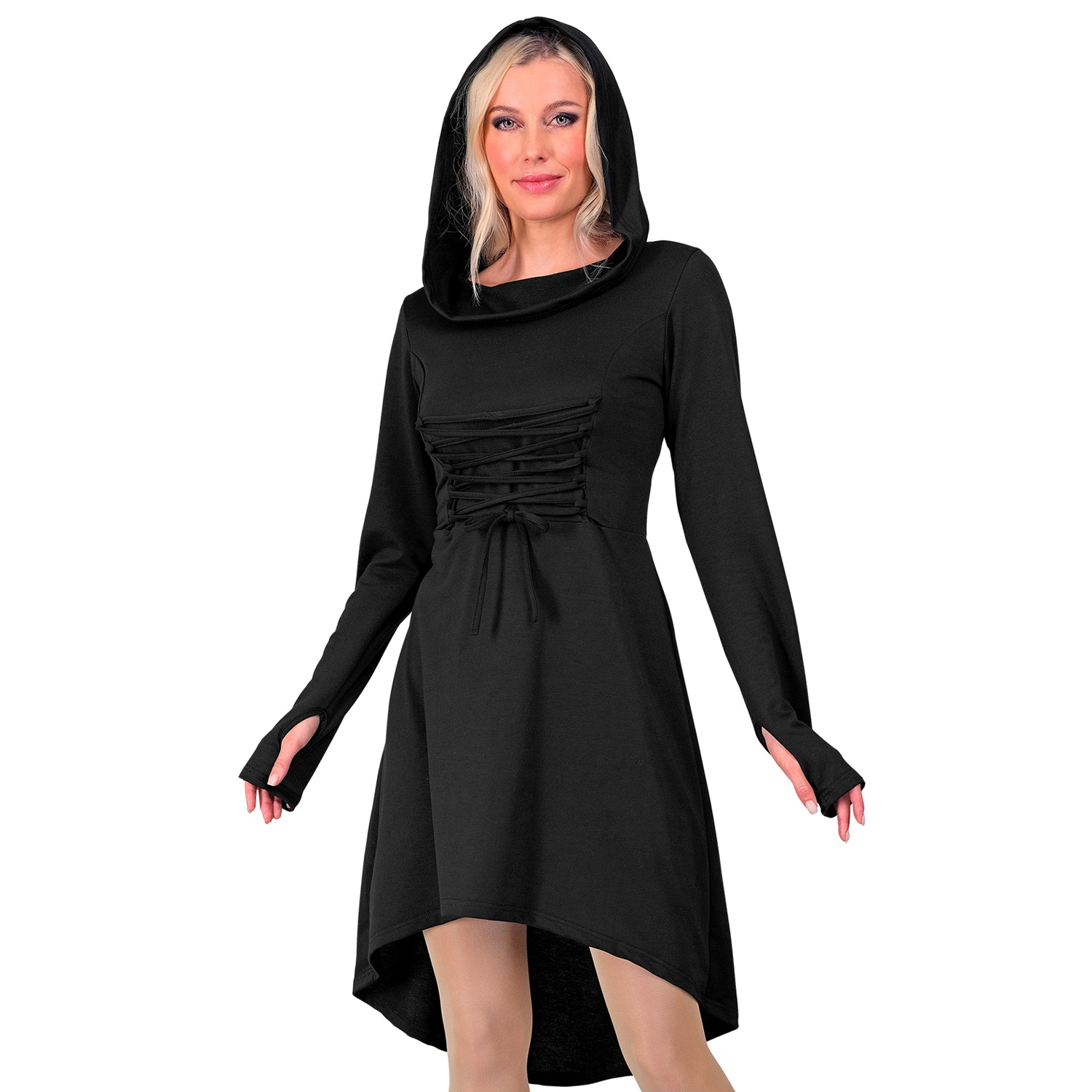 NEU Damen-Kostüm Kapuzenkleid, schwarz, mit Schnüroptik - verschiedene Größen (S-XL)