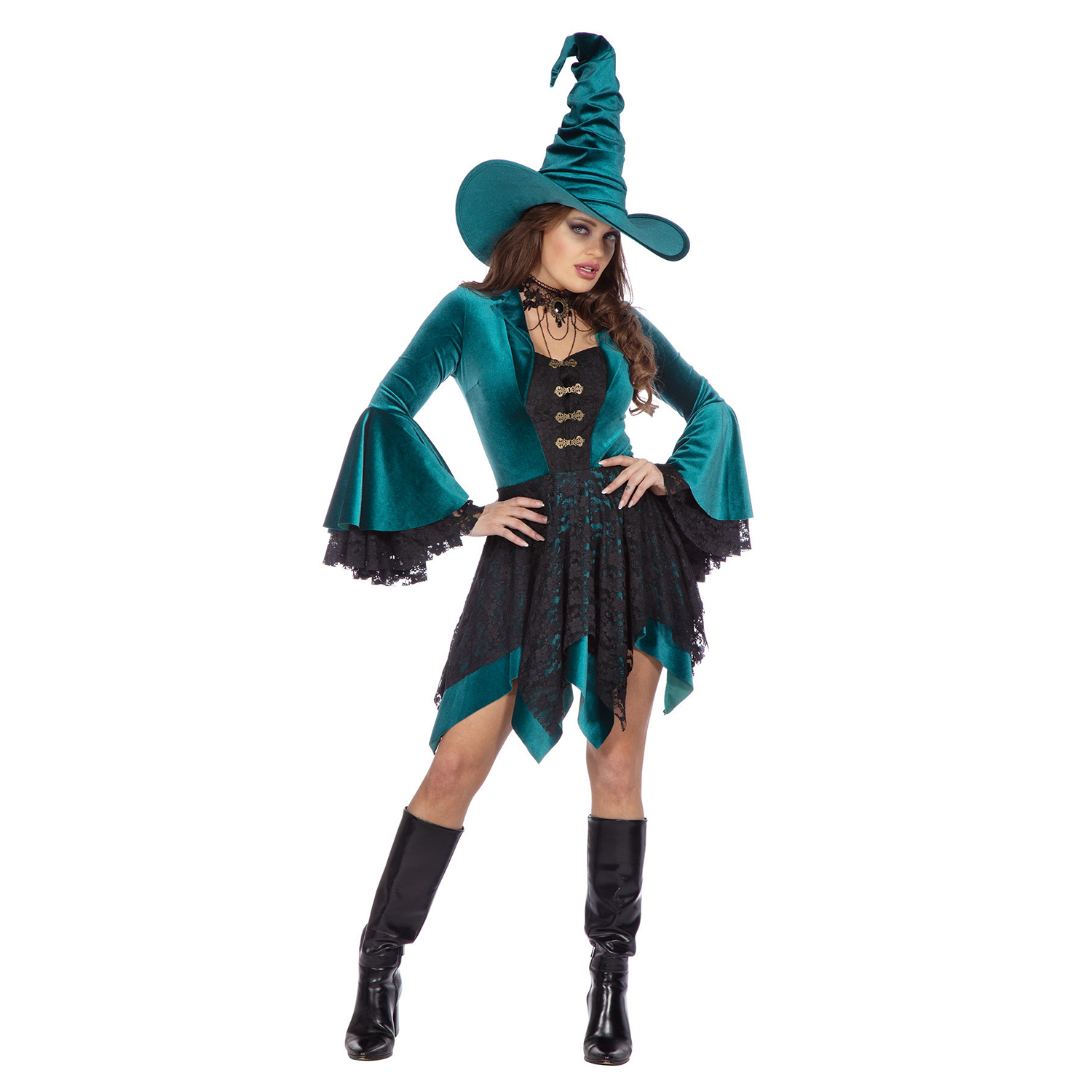 NEU Damen-Kostüm Hexenkleid kurz mit schwarzer Spitze, türkis - Verschiedene Größen (36-48)